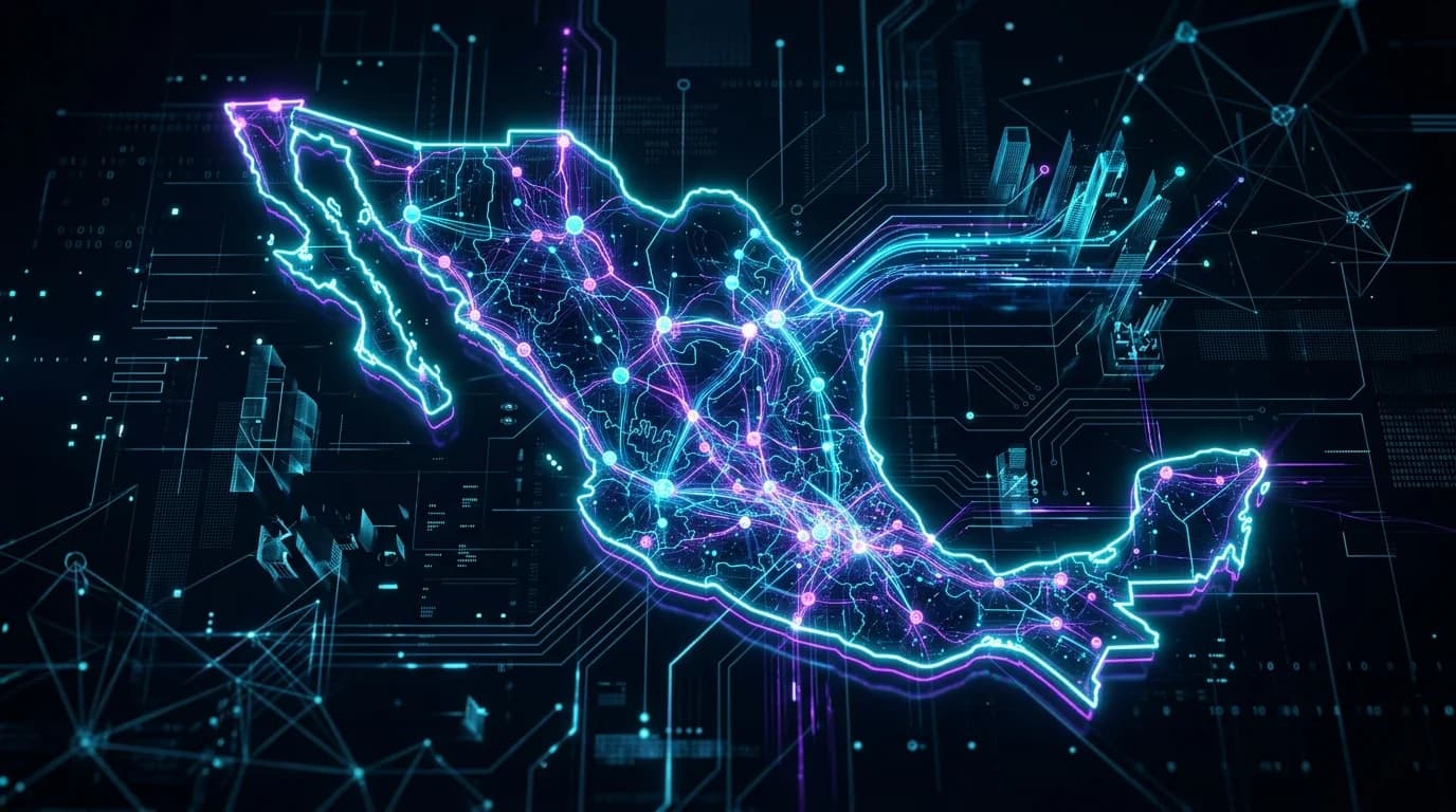 Mapa tridimensional holográfico de México interconectado con nodos de datos neón y flujos cibernéticos para 2026